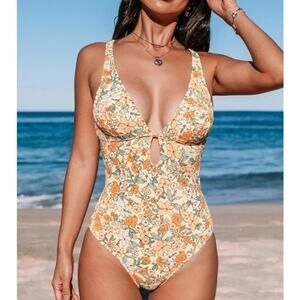 Cupshe Floral Cutout One Piece Swimsuit Cream Orange Large